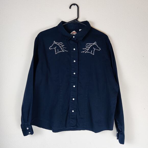 Vintage Tops - Vtg Cumberland Outfitters Western Black Rhinestone Horse Snap Button Shirt XL